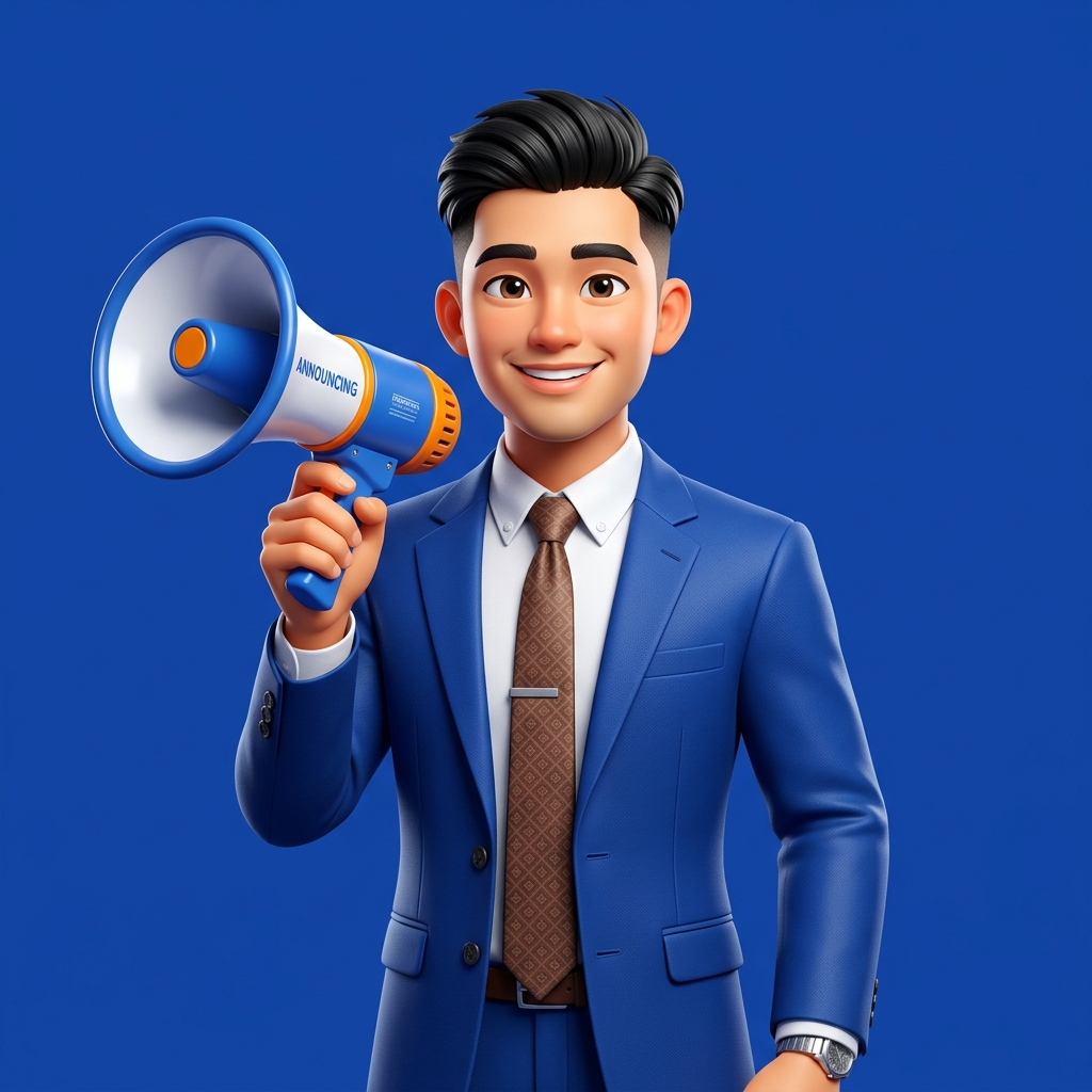 Illustrated Sangkuriang team member in a blue suit holding a megaphone